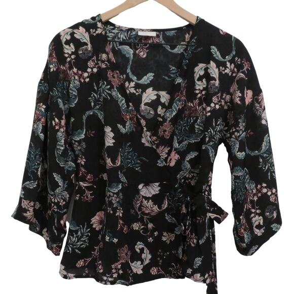 Vila Womens Sz XS Black Pink Green Floral Faux Wrap Blouse V Neck Top - Picture 1 of 6